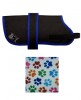 Paw Print Waterproof Dog Coat Colour Choice: Black Coat Royal Trim White Multi Paw Print Lining