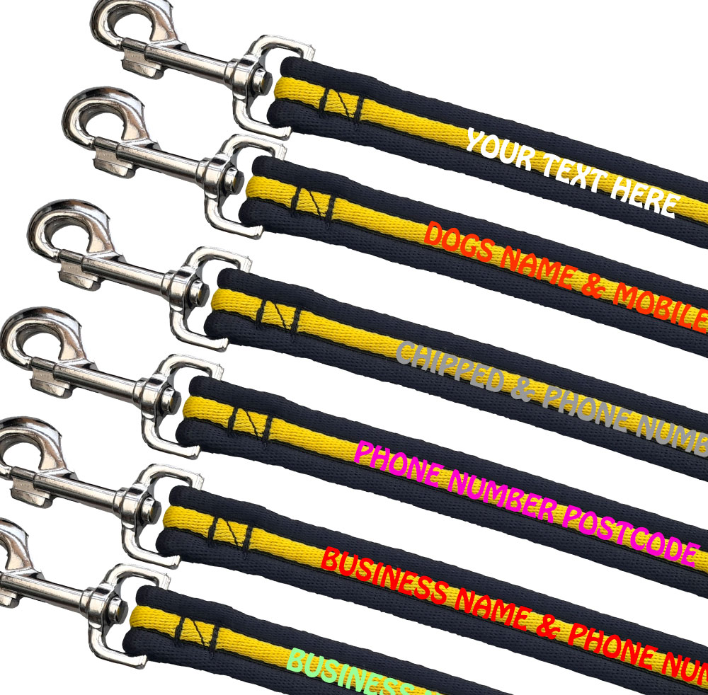 Embroidered Dog Leads Padded Webbing Range Medium Large Dogs - Black Yellow Black