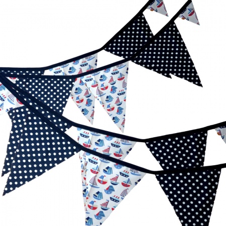 Bunting - Sailing Boats With Navy & Blue Dots - 12 Flags - 10 ft length ( 3 metres)