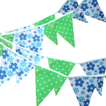 Bunting - Blue Flowers & Lime Dots - 12 Flags - 10 ft length ( 3 metres)