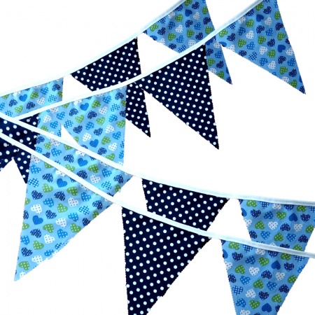 Bunting - Blue & Emerald Heart & Navy White Spots - 12 Flags - 10 ft length ( 3 metres)