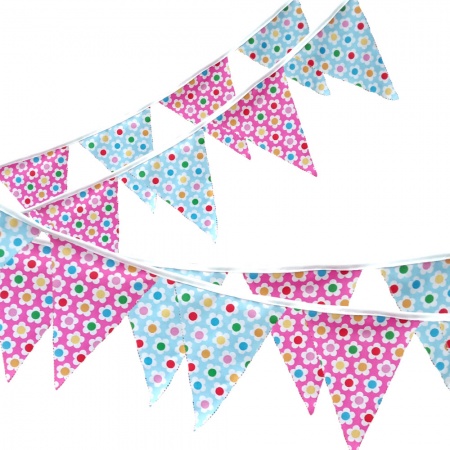Bunting - Blue Pink Flowers - 12 Flags - 10 ft length ( 3 metres)