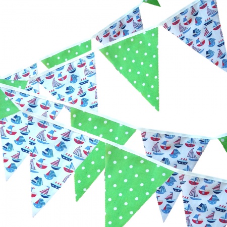 Bunting - Sailing Boats With Lime &  White Dots - 12 Flags - 10 ft length ( 3 metres)