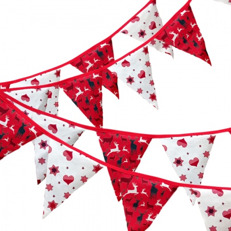 Bunting - Christmas Red Stag & Hearts - 12 Flags - 10 ft length ( 3 metres)