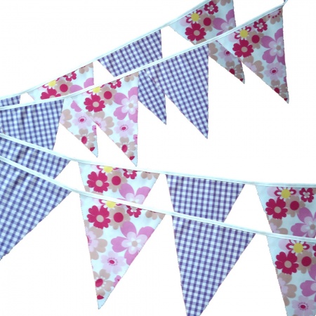 Bunting - Pink Retro Flowers & Lilac Gingham - 12 Flags - 10 ft length ( 3 metres)