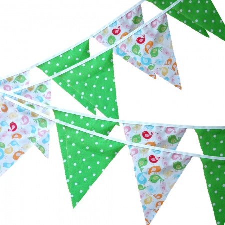 Bunting - Cute Pastel Bird & Lime Dots - 12 Flags - 10 ft length ( 3 metres)