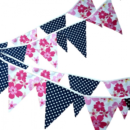 Bunting - Pink Retro Flowers & Navy Dots - 12 Flags - 10 ft length ( 3 metres)