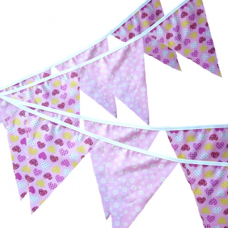Bunting - Pink Hearts & Daisy- 12 Flags - 10 ft length ( 3 metres)