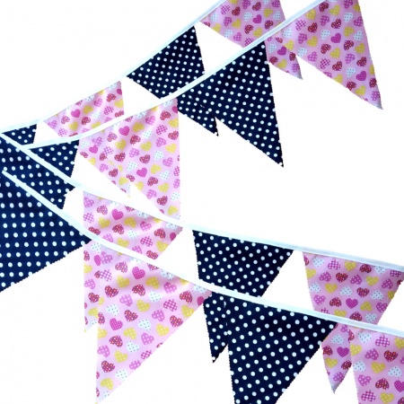Bunting - Pink Heart & Navy White Spots - 12 Flags - 10 ft length ( 3 metres)