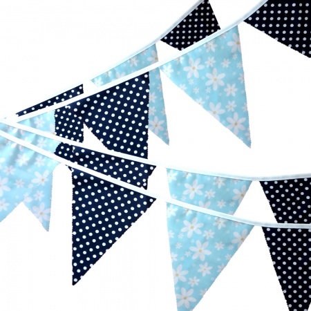 Bunting - Sky Flowers & Navy Dots - 12 Flags - 10 ft length ( 3 metres)