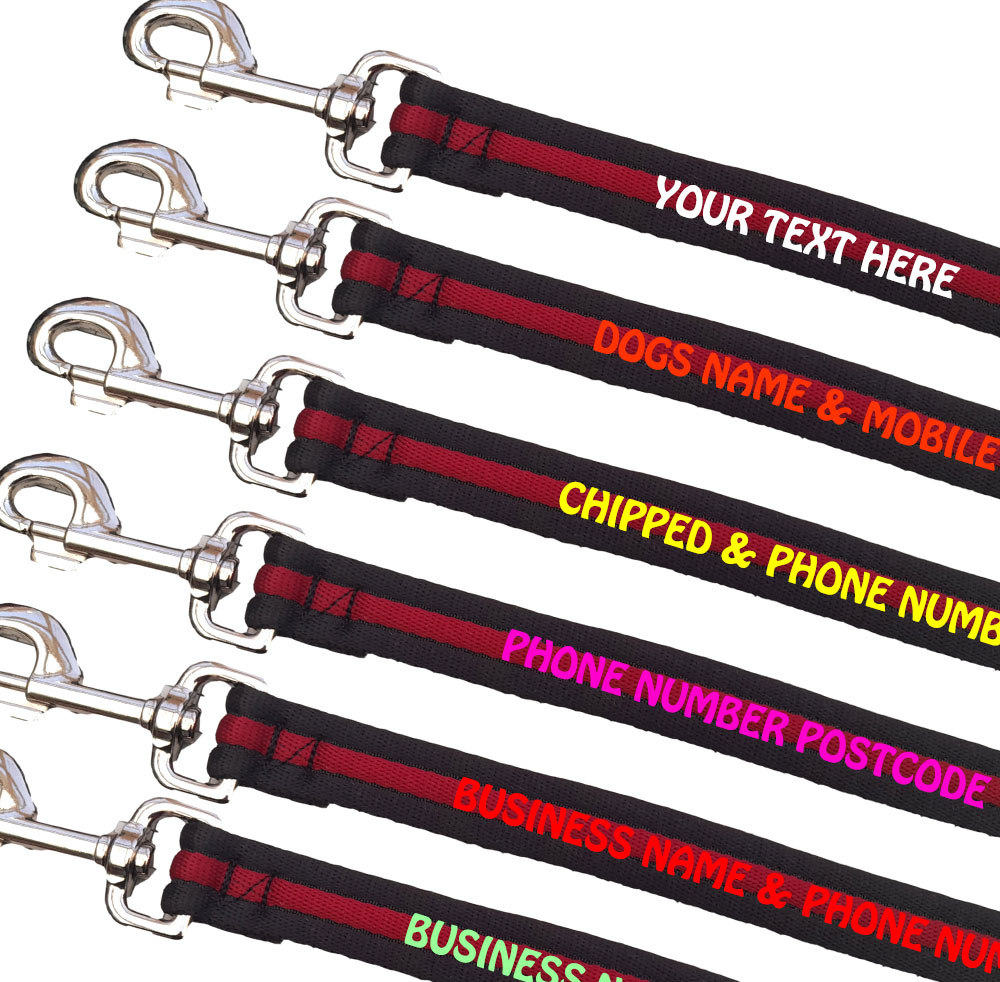 Embroidered Dog Leads Padded Webbing Range Medium Large Dogs - Burgundy Black Burgundy