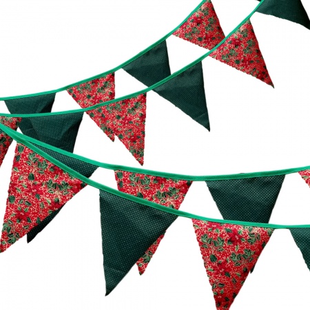 Bunting - Christmas Poinsettia & Green - 12 Flags - 10 ft length ( 3 metres)