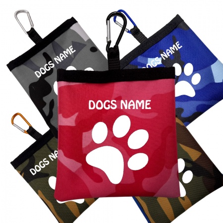 Camouflage Personalised Poo Bag Holder With Carabiner -  Single Paw Design