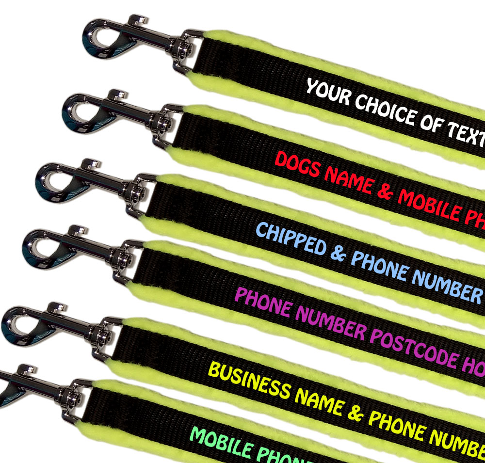 Embroidered Dog Leads Fleece Lined - High Visibility Yellow