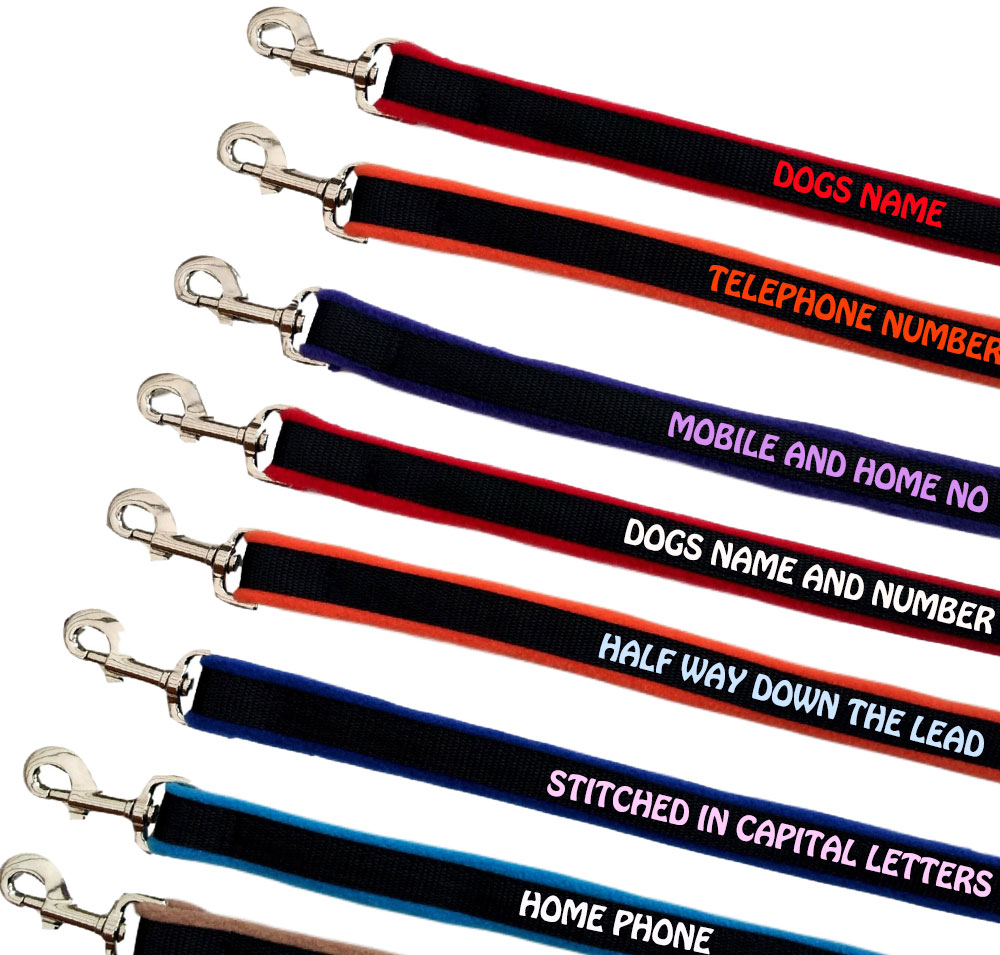 Embroidered Dog Leads Fleece Lined Range - All Colours