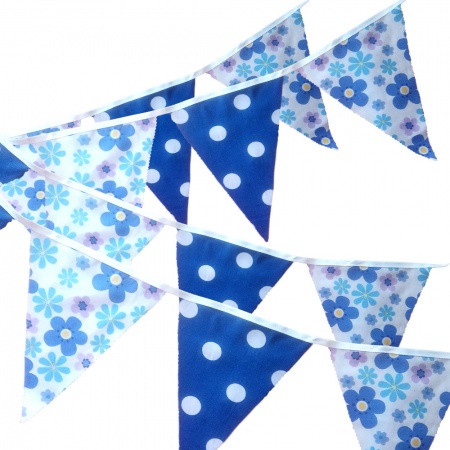 Bunting - Blue Flower & Royal Spots - 12 Flags - 10 ft length ( 3 metres)