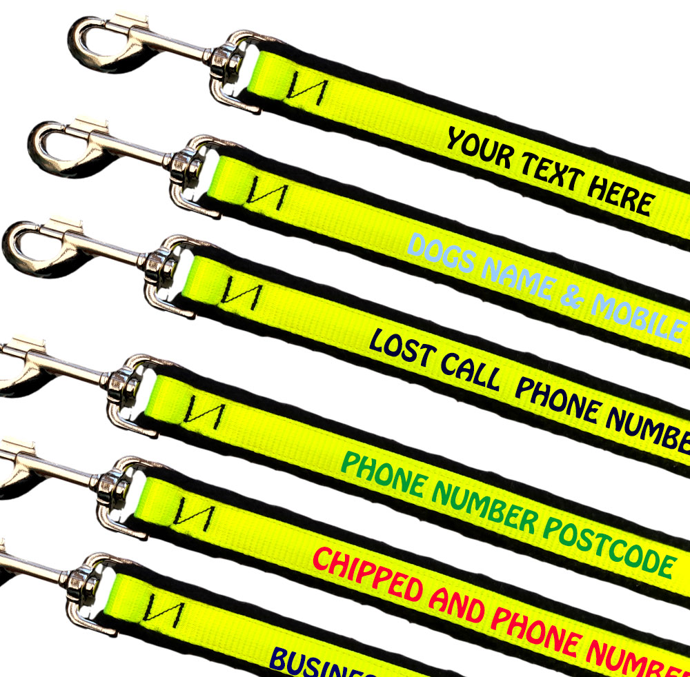 Personalised Dog Leads High Visibility  Webbing For Medium Large Dogs - Colour Yellow
