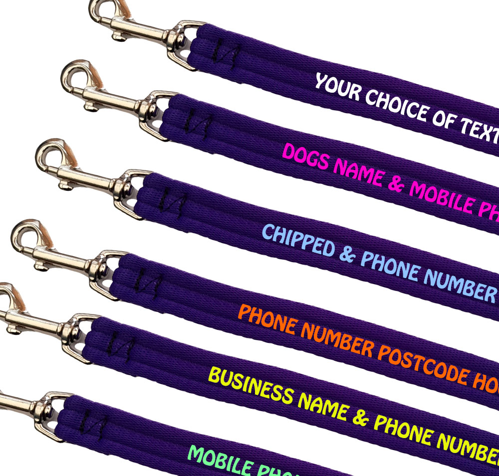 Embroidered Dog Leads Padded Webbing Range Small Dogs - Purple