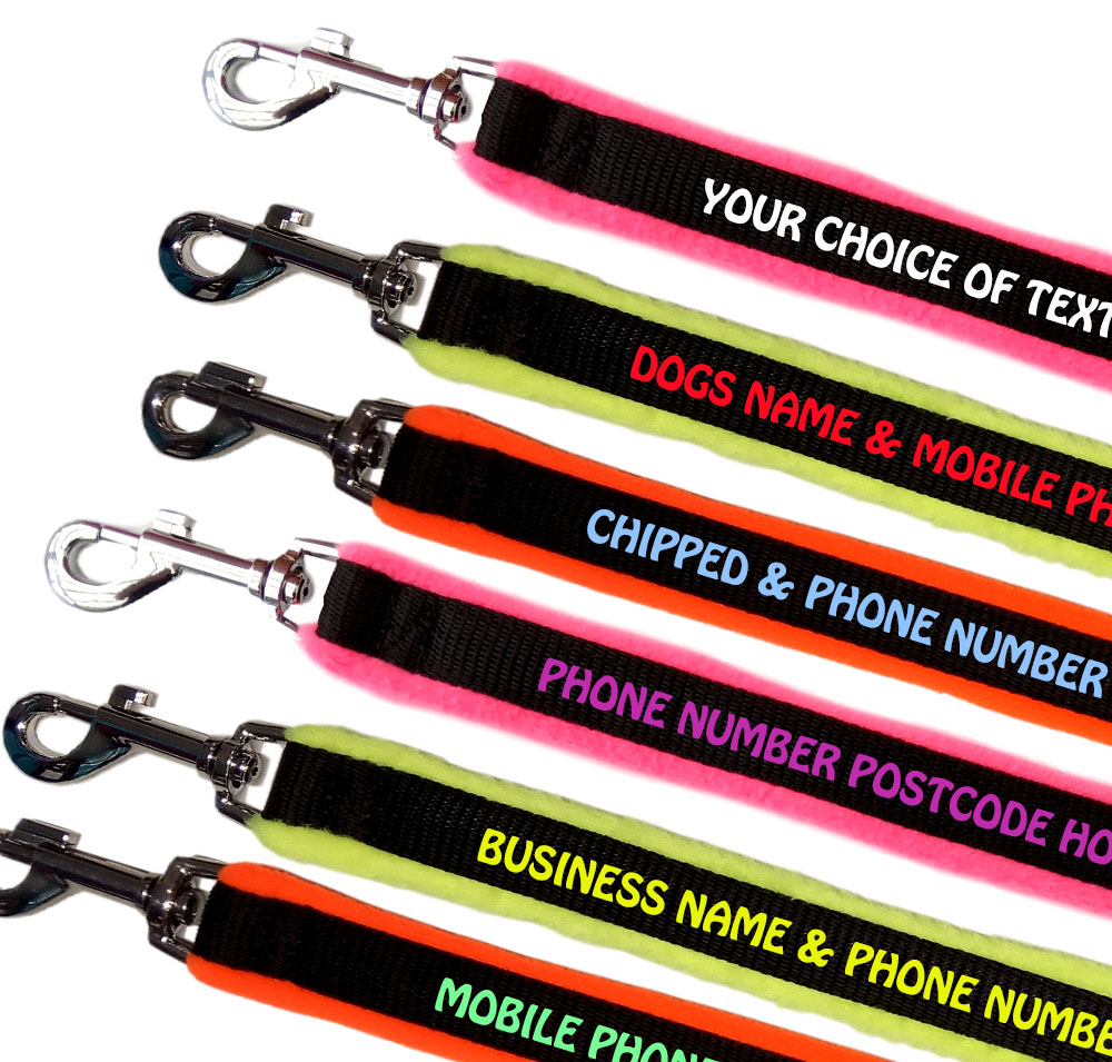Personalised Dog Leads High Visibility Fleece Lined Ranges - All Colours