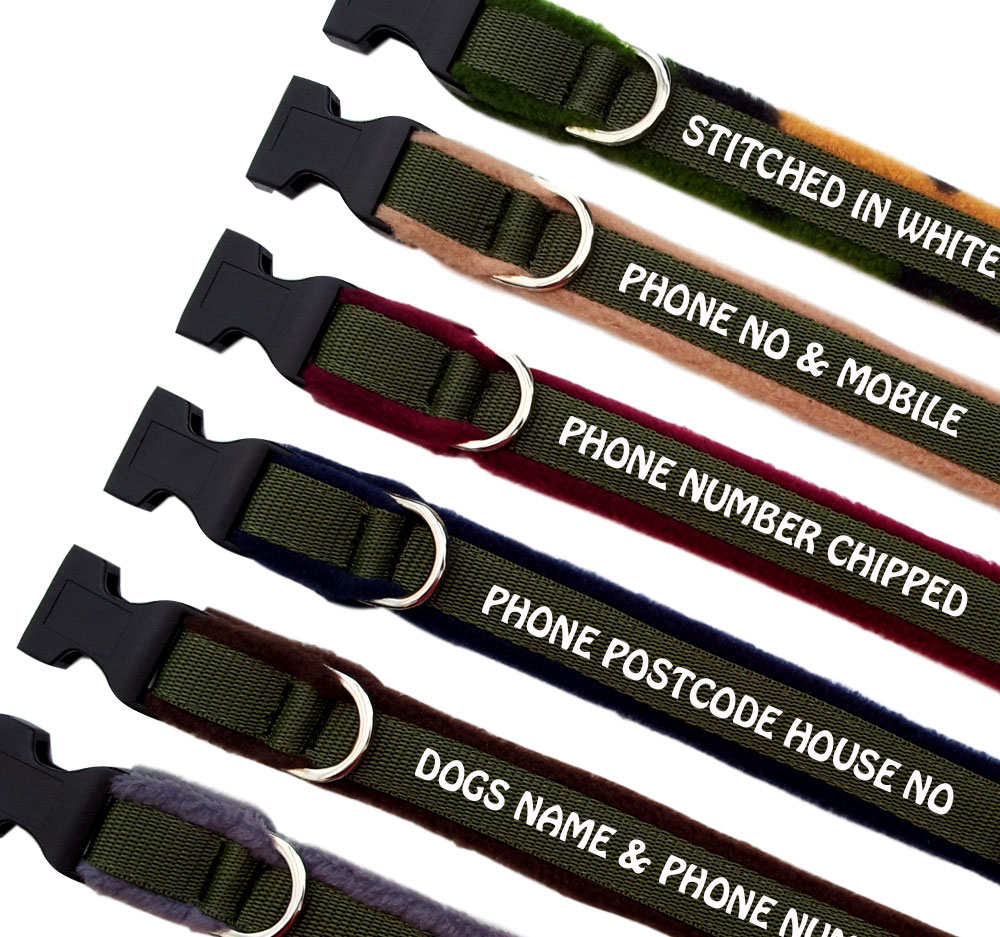 Embroidered Dog Collars Fleece Lined Range | Military Green | White Embroidery