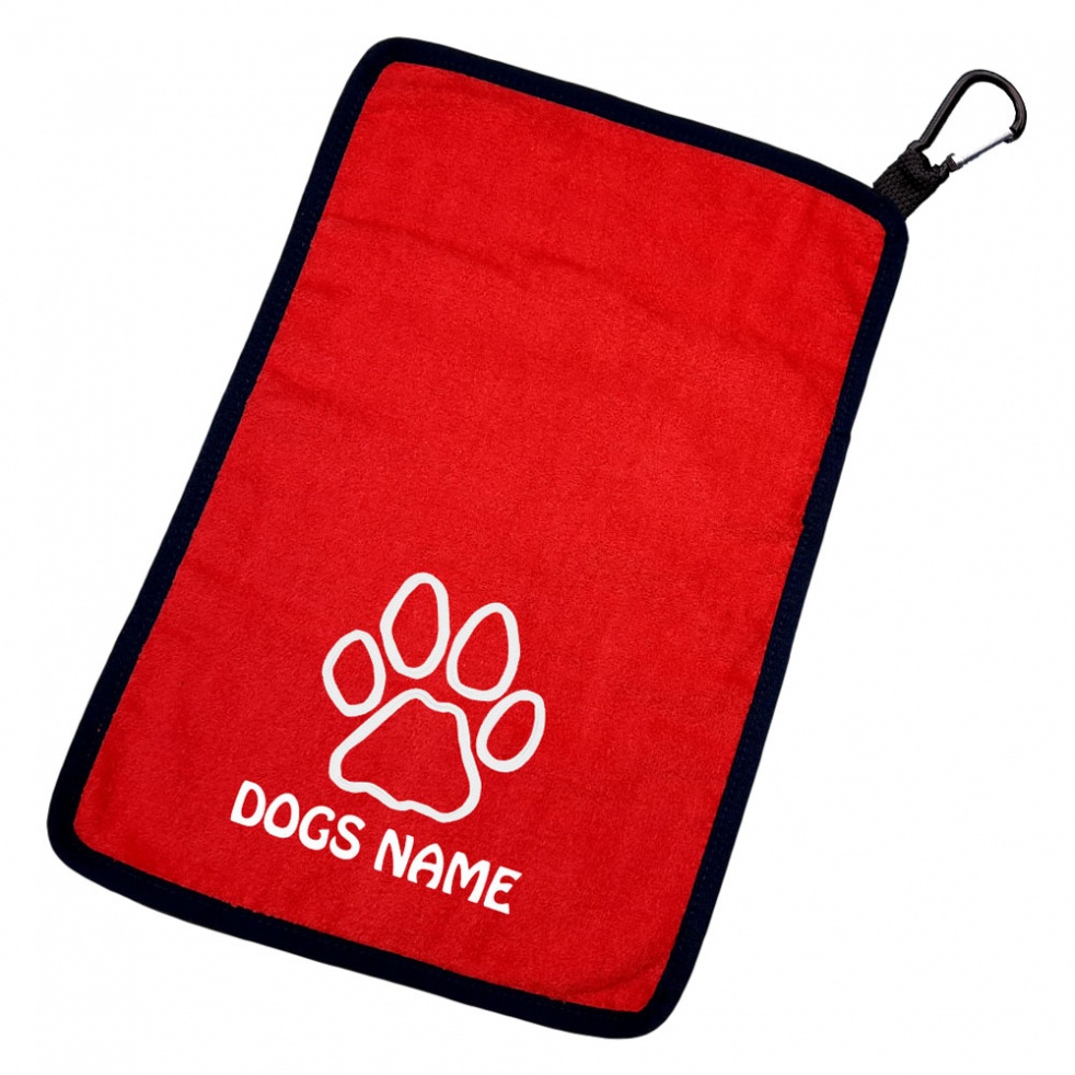 Personalised Paw Print Dog Towel & Carabiner - Paws, Bellies, Slobber Cloth - Outline Paw Print