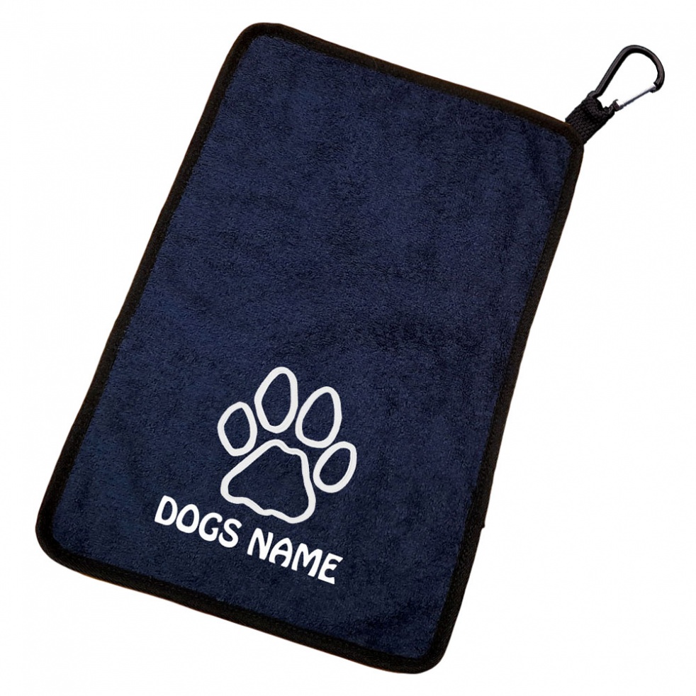 Personalised Paw Print Dog Towel & Carabiner - Paws, Bellies, Slobber Cloth - Outline Paw Print