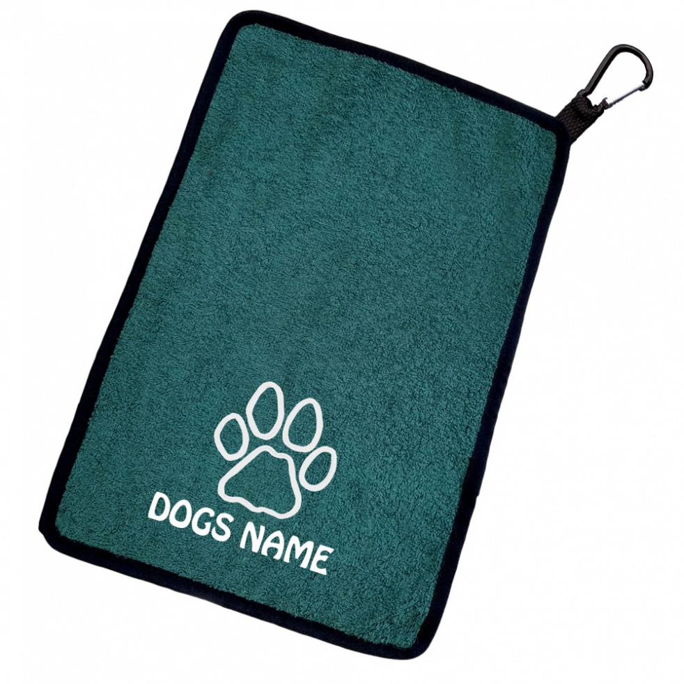 Personalised Paw Print Dog Towel & Carabiner - Paws, Bellies, Slobber Cloth - Outline Paw Print