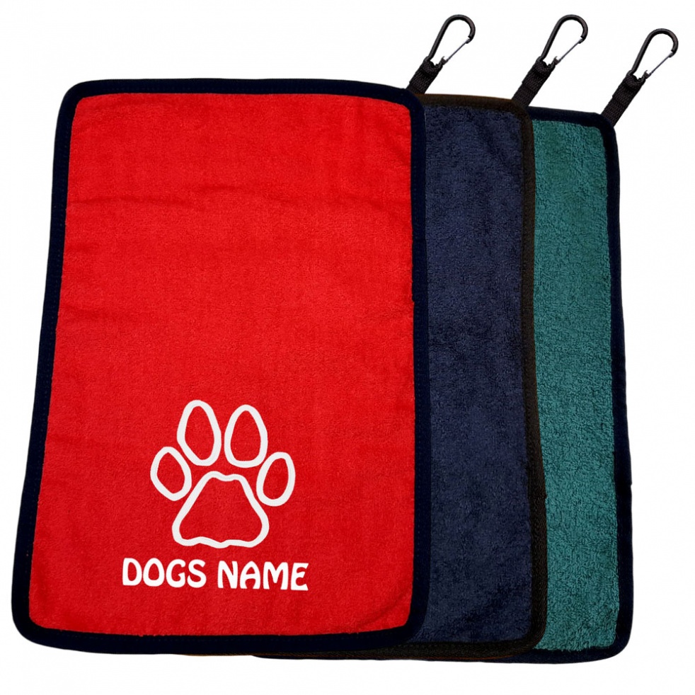 Personalised Paw Print Dog Towel & Carabiner - Paws, Bellies, Slobber Cloth - Outline Paw Print